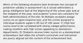 Which of the following situations best illustrates the concept of predictive validity in assessment? A) A school administers a group intelligence test at the beginning of the school year and at the midpoint of the year, and students' scores are consistent for both administrations of the test. B) Multiple reviewers assign scores on an open-response test, and the scores assigned to individual students agree in 85 out of 100 cases. C) High test scores tend to be correlated with strong college performance, making students with high scores appealing to admissions departments. D) Students receive lower scores on a standardized achievement test when the school's curriculum and instruction are poorly aligned wit the content of the achievement test.