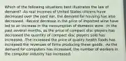 Which of the following situations best illustrates the law of demand? -As real incomes of United States citizens have decreased over the past ear, the demand for housing has also decreased. -Recent decrease in the price of imported wine have led to an increase in the consumption of domestic wine. -In the past several months, as the price of compact disc players has decreased the quantity of compact disc players sold has increased. -The increased the price of quality health foods has increased the revenues of firms producing these goods. -As the demand for computers has increased, the number of workers in the computer industry has increased.