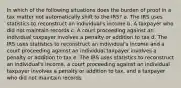 In which of the following situations does the burden of proof in a tax matter not automatically shift to the IRS? a. The IRS uses statistics to reconstruct an individual's income b. A taxpayer who did not maintain records c. A court proceeding against an individual taxpayer involves a penalty or addition to tax d. The IRS uses statistics to reconstruct an individual's income and a court proceeding against an individual taxpayer involves a penalty or addition to tax e. The IRS uses statistics to reconstruct an individual's income, a court proceeding against an individual taxpayer involves a penalty or addition to tax, and a taxpayer who did not maintain records