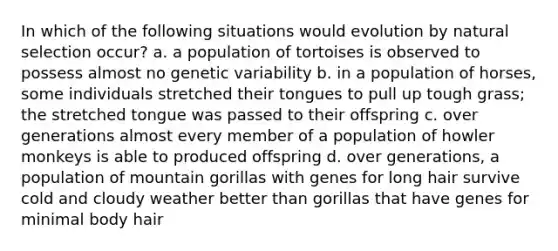 In which of the following situations would evolution by natural selection occur? a. a population of tortoises is observed to possess almost no genetic variability b. in a population of horses, some individuals stretched their tongues to pull up tough grass; the stretched tongue was passed to their offspring c. over generations almost every member of a population of howler monkeys is able to produced offspring d. over generations, a population of mountain gorillas with genes for long hair survive cold and cloudy weather better than gorillas that have genes for minimal body hair