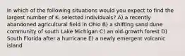 In which of the following situations would you expect to find the largest number of K- selected individuals? A) a recently abandoned agricultural field in Ohio B) a shifting sand dune community of south Lake Michigan C) an old-growth forest D) South Florida after a hurricane E) a newly emergent volcanic island