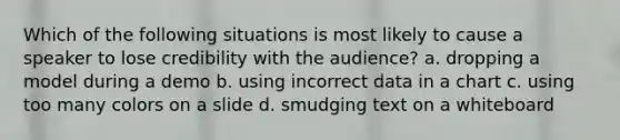 Which of the following situations is most likely to cause a speaker to lose credibility with the audience? a. dropping a model during a demo b. using incorrect data in a chart c. using too many colors on a slide d. smudging text on a whiteboard