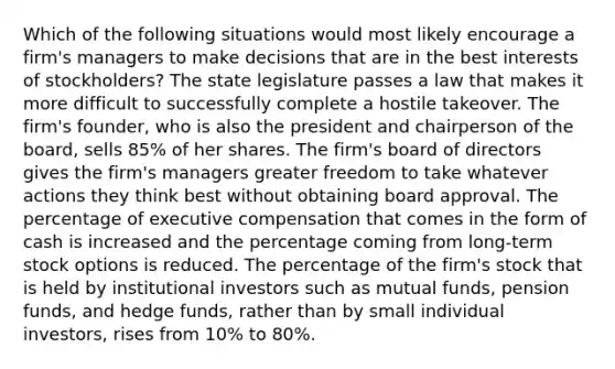 Which of the following situations would most likely encourage a firm's managers to make decisions that are in the best interests of stockholders? The state legislature passes a law that makes it more difficult to successfully complete a hostile takeover. The firm's founder, who is also the president and chairperson of the board, sells 85% of her shares. The firm's board of directors gives the firm's managers greater freedom to take whatever actions they think best without obtaining board approval. The percentage of executive compensation that comes in the form of cash is increased and the percentage coming from long-term stock options is reduced. The percentage of the firm's stock that is held by institutional investors such as mutual funds, pension funds, and hedge funds, rather than by small individual investors, rises from 10% to 80%.