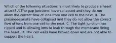 Which of the following situations is most likely to produce a heart attack? A.The gap junctions have collapsed and they do not allow the correct flow of ions from one cell to the next. B. The plasmodesmata have collapsed and they do not allow the correct flow of ions from one cell to the next. C. The tight junction has ripped and is allowing ions to leak through the membrane lining the heart. D. The cell walls have broken down and are not able to support the heart.