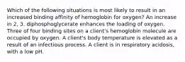 Which of the following situations is most likely to result in an increased binding affinity of hemoglobin for oxygen? An increase in 2, 3, diphosphoglycerate enhances the loading of oxygen. Three of four binding sites on a client's hemoglobin molecule are occupied by oxygen. A client's body temperature is elevated as a result of an infectious process. A client is in respiratory acidosis, with a low pH.