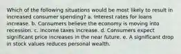 Which of the following situations would be most likely to result in increased consumer spending? a. Interest rates for loans increase. b. Consumers believe the economy is moving into recession. c. Income taxes increase. d. Consumers expect significant price increases in the near future. e. A significant drop in stock values reduces personal wealth.