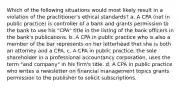 Which of the following situations would most likely result in a violation of the practitioner's ethical standards? a. A CPA (not in public practice) is controller of a bank and grants permission to the bank to use his "CPA" title in the listing of the bank officers in the bank's publications. b. A CPA in public practice who is also a member of the bar represents on her letterhead that she is both an attorney and a CPA. c. A CPA in public practice, the sole shareholder in a professional accountancy corporation, uses the term "and company" in his firm's title. d. A CPA in public practice who writes a newsletter on financial management topics grants permission to the publisher to solicit subscriptions.