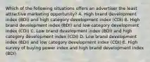 Which of the following situations offers an advertiser the least attractive marketing opportunity? A. High brand development index (BDI) and high category development index (CDI) B. High brand development index (BDI) and low category development index (CDI) C. Low brand development index (BDI) and high category development index (CDI) D. Low brand development index (BDI) and low category development index (CDI) E. High survey of buying power index and high brand development index (BDI)