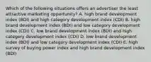 Which of the following situations offers an advertiser the least attractive marketing opportunity? A. high brand development index (BDI) and high category development index (CDI) B. high brand development index (BDI) and low category development index (CDI) C. low brand development index (BDI) and high category development index (CDI) D. low brand development index (BDI) and low category development index (CDI) E. high survey of buying power index and high brand development index (BDI)