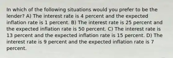 In which of the following situations would you prefer to be the lender? A) The interest rate is 4 percent and the expected inflation rate is 1 percent. B) The interest rate is 25 percent and the expected inflation rate is 50 percent. C) The interest rate is 13 percent and the expected inflation rate is 15 percent. D) The interest rate is 9 percent and the expected inflation rate is 7 percent.