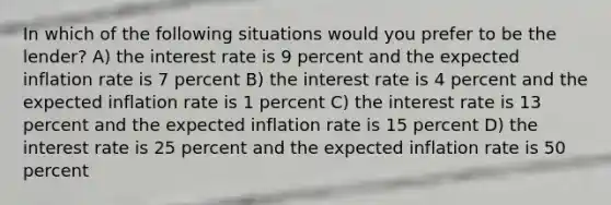 In which of the following situations would you prefer to be the lender? A) the interest rate is 9 percent and the expected inflation rate is 7 percent B) the interest rate is 4 percent and the expected inflation rate is 1 percent C) the interest rate is 13 percent and the expected inflation rate is 15 percent D) the interest rate is 25 percent and the expected inflation rate is 50 percent