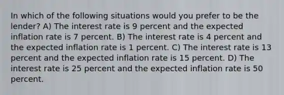 In which of the following situations would you prefer to be the lender? A) The interest rate is 9 percent and the expected inflation rate is 7 percent. B) The interest rate is 4 percent and the expected inflation rate is 1 percent. C) The interest rate is 13 percent and the expected inflation rate is 15 percent. D) The interest rate is 25 percent and the expected inflation rate is 50 percent.