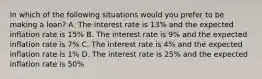 In which of the following situations would you prefer to be making a​ loan? A. The interest rate is 13% and the expected inflation rate is 15% B. The interest rate is 9% and the expected inflation rate is 7% C. The interest rate is 4% and the expected inflation rate is 1% D. The interest rate is 25% and the expected inflation rate is 50%