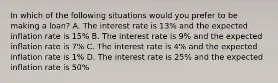 In which of the following situations would you prefer to be making a​ loan? A. The interest rate is 13% and the expected inflation rate is 15% B. The interest rate is 9% and the expected inflation rate is 7% C. The interest rate is 4% and the expected inflation rate is 1% D. The interest rate is 25% and the expected inflation rate is 50%