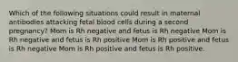 Which of the following situations could result in maternal antibodies attacking fetal blood cells during a second pregnancy? Mom is Rh negative and fetus is Rh negative Mom is Rh negative and fetus is Rh positive Mom is Rh positive and fetus is Rh negative Mom is Rh positive and fetus is Rh positive.