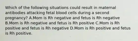 Which of the following situations could result in maternal antibodies attacking fetal blood cells during a second pregnancy? A.Mom is Rh negative and fetus is Rh negative B.Mom is Rh negative and fetus is Rh positive C.Mom is Rh positive and fetus is Rh negative D.Mom is Rh positive and fetus is Rh positive.