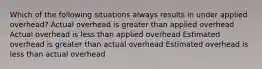 Which of the following situations always results in under applied overhead? Actual overhead is greater than applied overhead Actual overhead is less than applied overhead Estimated overhead is greater than actual overhead Estimated overhead is less than actual overhead