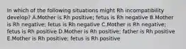 In which of the following situations might Rh incompatibility develop? A.Mother is Rh positive; fetus is Rh negative B.Mother is Rh negative; fetus is Rh negative C.Mother is Rh negative; fetus is Rh positive D.Mother is Rh positive; father is Rh positive E.Mother is Rh positive; fetus is Rh positive