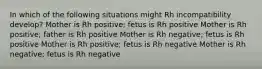 In which of the following situations might Rh incompatibility develop? Mother is Rh positive; fetus is Rh positive Mother is Rh positive; father is Rh positive Mother is Rh negative; fetus is Rh positive Mother is Rh positive; fetus is Rh negative Mother is Rh negative; fetus is Rh negative