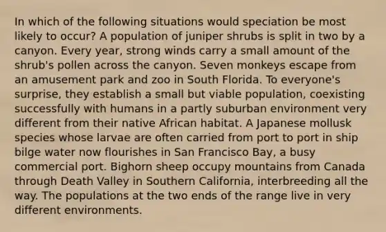 In which of the following situations would speciation be most likely to occur? A population of juniper shrubs is split in two by a canyon. Every year, strong winds carry a small amount of the shrub's pollen across the canyon. Seven monkeys escape from an amusement park and zoo in South Florida. To everyone's surprise, they establish a small but viable population, coexisting successfully with humans in a partly suburban environment very different from their native African habitat. A Japanese mollusk species whose larvae are often carried from port to port in ship bilge water now flourishes in San Francisco Bay, a busy commercial port. Bighorn sheep occupy mountains from Canada through Death Valley in Southern California, interbreeding all the way. The populations at the two ends of the range live in very different environments.