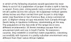 In which of the following situations would speciation be most likely to occur? A) A population of juniper shrubs is split in two by a canyon. Every year, strong winds carry a small amount of the shrub's pollen across the canyon. B) A Japanese mollusk species whose larvae are often carried from port to port in ship bilge water now flourishes in San Francisco Bay, a busy commercial port. C) Bighorn sheep occupy mountains from Canada through Death Valley in Southern California, interbreeding all the way. The populations at the two ends of the range live in very different environments. D) Seven monkeys escape from an amusement park and zoo in South Florida. To everyone's surprise, they establish a small but viable population, coexisting successfully with humans in a partly suburban environment very different from their native African habitat.