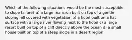 Which of the following situations would be the most susceptible to slope failure? a) a large mansion built on top of a gentle sloping hill covered with vegetation b) a hotel built on a flat surface with a large river flowing next to the hotel c) a large resort built on top of a cliff directly above the ocean d) a small house built on top of a steep slope in a desert region