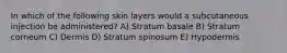 In which of the following skin layers would a subcutaneous injection be administered? A) Stratum basale B) Stratum corneum C) Dermis D) Stratum spinosum E) Hypodermis