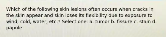 Which of the following skin lesions often occurs when cracks in the skin appear and skin loses its flexibility due to exposure to wind, cold, water, etc.? Select one: a. tumor b. fissure c. stain d. papule