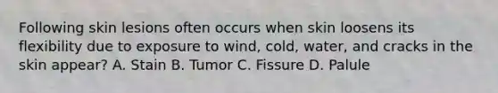 Following skin lesions often occurs when skin loosens its flexibility due to exposure to wind, cold, water, and cracks in the skin appear? A. Stain B. Tumor C. Fissure D. Palule