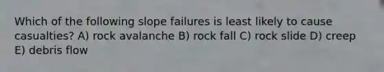 Which of the following slope failures is least likely to cause casualties? A) rock avalanche B) rock fall C) rock slide D) creep E) debris flow