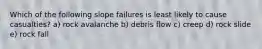 Which of the following slope failures is least likely to cause casualties? a) rock avalanche b) debris flow c) creep d) rock slide e) rock fall
