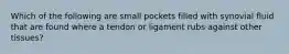 Which of the following are small pockets filled with synovial fluid that are found where a tendon or ligament rubs against other tissues?