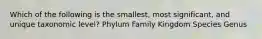 Which of the following is the smallest, most significant, and unique taxonomic level? Phylum Family Kingdom Species Genus