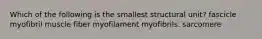 Which of the following is the smallest structural unit? fascicle myofibril muscle fiber myofilament myofibrils. sarcomere