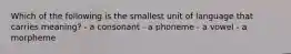 Which of the following is the smallest unit of language that carries meaning? - a consonant - a phoneme - a vowel - a morpheme