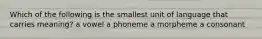 Which of the following is the smallest unit of language that carries meaning? a vowel a phoneme a morpheme a consonant