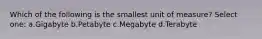 Which of the following is the smallest unit of measure? Select one: a.Gigabyte b.Petabyte c.Megabyte d.Terabyte