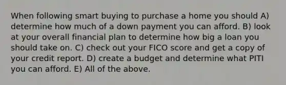 When following smart buying to purchase a home you should A) determine how much of a down payment you can afford. B) look at your overall financial plan to determine how big a loan you should take on. C) check out your FICO score and get a copy of your credit report. D) create a budget and determine what PITI you can afford. E) All of the above.