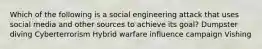 Which of the following is a social engineering attack that uses social media and other sources to achieve its goal? Dumpster diving Cyberterrorism Hybrid warfare influence campaign Vishing