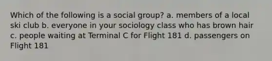 Which of the following is a social group? a. members of a local ski club b. everyone in your sociology class who has brown hair c. people waiting at Terminal C for Flight 181 d. passengers on Flight 181