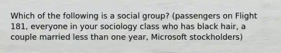 Which of the following is a social group? (passengers on Flight 181, everyone in your sociology class who has black hair, a couple married less than one year, Microsoft stockholders)