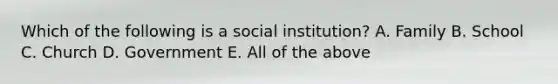 Which of the following is a social institution? A. Family B. School C. Church D. Government E. All of the above