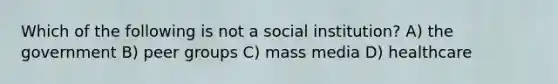 Which of the following is not a social institution? A) the government B) peer groups C) mass media D) healthcare