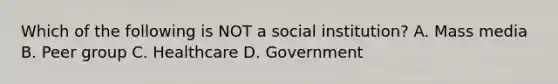 Which of the following is NOT a social institution? A. Mass media B. Peer group C. Healthcare D. Government