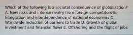 Which of the following is a societal consequence of​ globalization? A. New risks and intense rivalry from foreign competitors B. Integration and interdependence of national economies C. Worldwide reduction of barriers to trade D. Growth of global investment and financial flows E. Offshoring and the flight of jobs