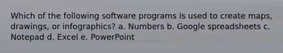 Which of the following software programs is used to create maps, drawings, or infographics? a. Numbers b. Google spreadsheets c. Notepad d. Excel e. PowerPoint