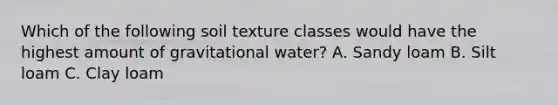 Which of the following soil texture classes would have the highest amount of gravitational water? A. Sandy loam B. Silt loam C. Clay loam