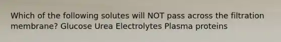 Which of the following solutes will NOT pass across the filtration membrane? Glucose Urea Electrolytes Plasma proteins