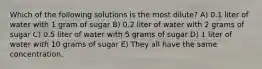 Which of the following solutions is the most dilute? A) 0.1 liter of water with 1 gram of sugar B) 0.2 liter of water with 2 grams of sugar C) 0.5 liter of water with 5 grams of sugar D) 1 liter of water with 10 grams of sugar E) They all have the same concentration.