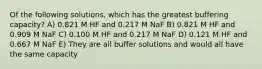 Of the following solutions, which has the greatest buffering capacity? A) 0.821 M HF and 0.217 M NaF B) 0.821 M HF and 0.909 M NaF C) 0.100 M HF and 0.217 M NaF D) 0.121 M HF and 0.667 M NaF E) They are all buffer solutions and would all have the same capacity